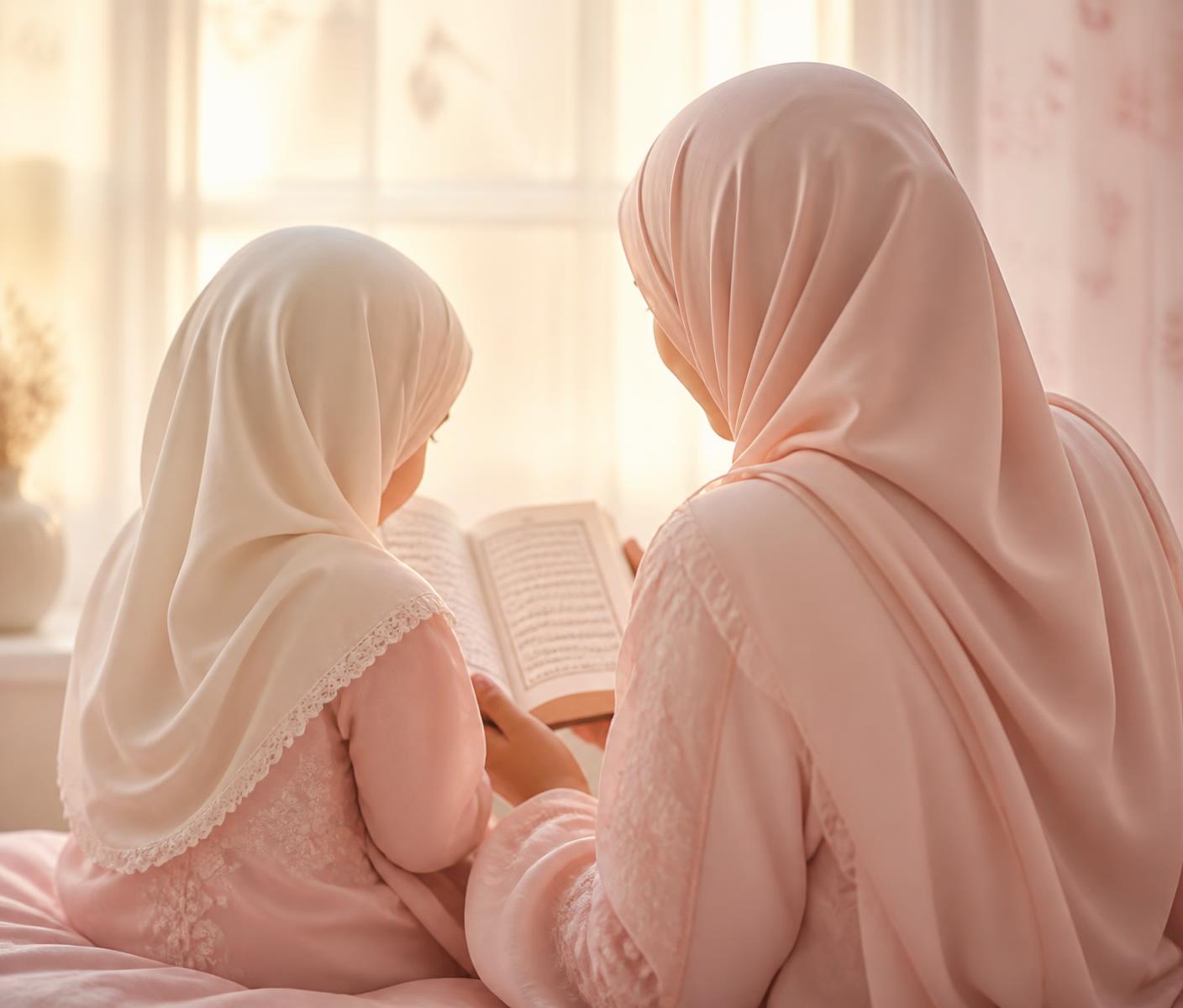 Une mère et sa fille lisant le Coran ensemble dans une lumière douce
